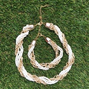 Gold and White Beaded Necklace and Bracelet Set
